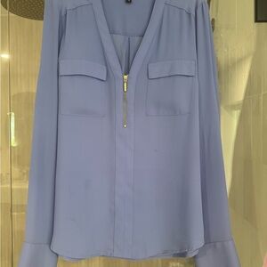 Express Light Blue Zip-Front V-Neck Blouse